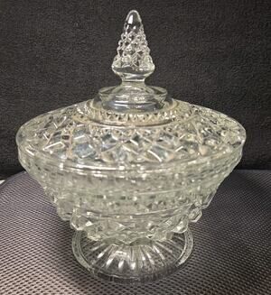 VTG Anchor Hocking Wexford Pattern Clear Glass Pedestal Candy Dish with Lid